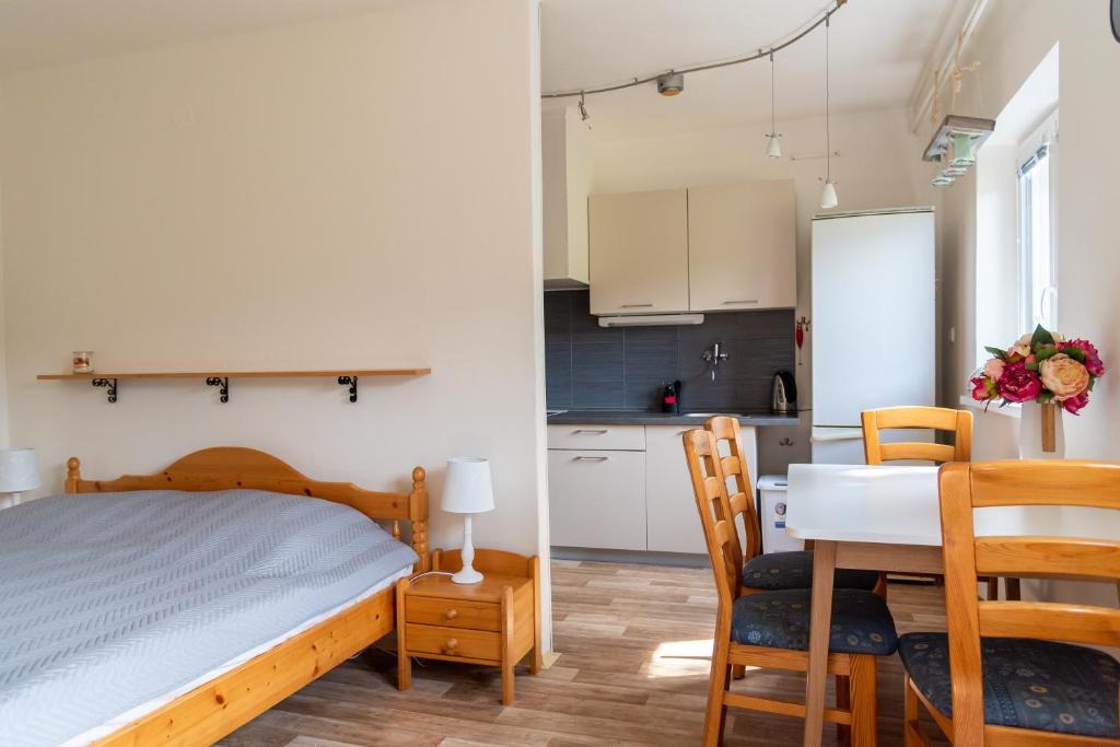 a bedroom with a bed and a table and a kitchen at Apartmán Fraise in Děčín