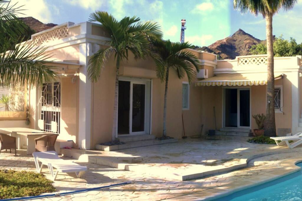 ein Haus mit Palmen und einem Pool in der Unterkunft Villa-Tauro Leyh in Mogán
