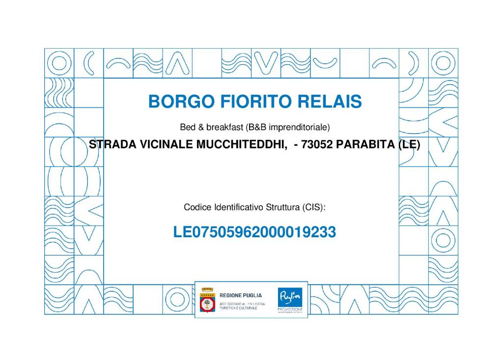 Certifikát, hodnocení, plakát nebo jiný dokument vystavený v ubytování Borgo Fiorito Relais