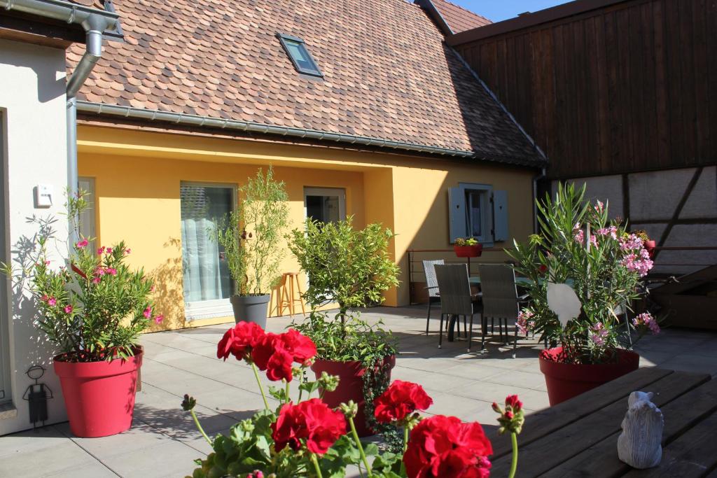 a patio with red flowers in pots in front of a house at Gîte Le Cep d'Or Alsace in Saint-Hippolyte