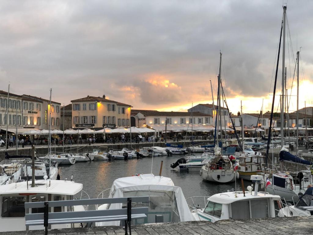a group of boats docked in a marina at sunset at Les voiles rouges in Saint-Martin-de-Ré