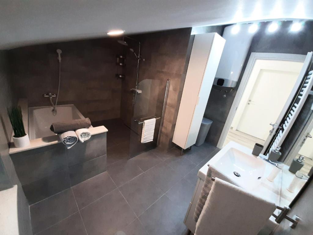 Pokój z widokiem na góry oraz łazienką z prysznicem i umywalką. w obiekcie Guesthouse Villa Brestova w mieście Plomin