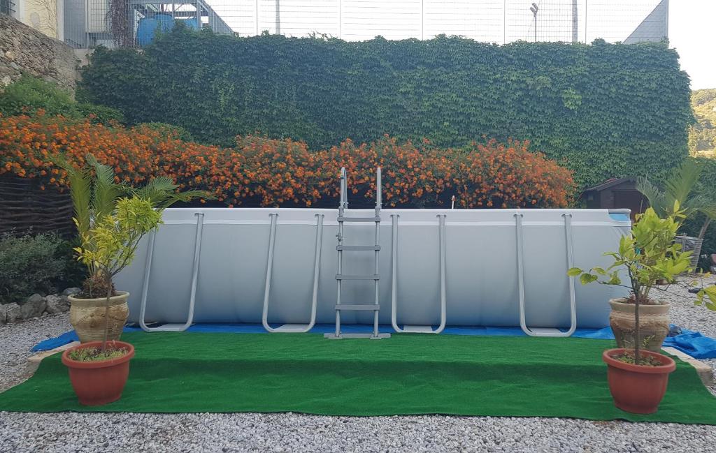 a green lawn with a ladder in front of a fence at Casa Lissania in Lamezia Terme