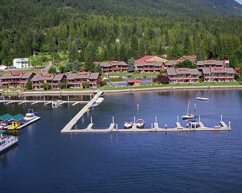 an aerial view of a marina with boats in the water at Pend Oreille Shores Resort in Hope