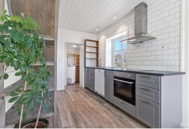 SkaftnesetにあるRagnahuset - Koselig minihus i fiskeværのキッチン(シンク、コンロ付) 上部オーブン