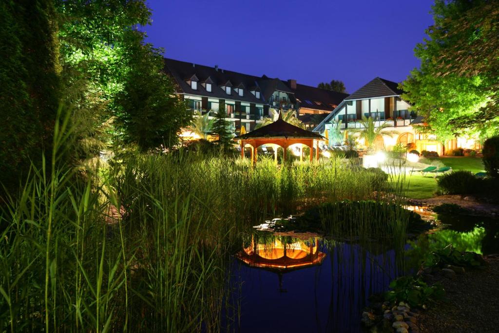 a hotel with a pond in a yard at night at Hotel im Park in Bad Radkersburg