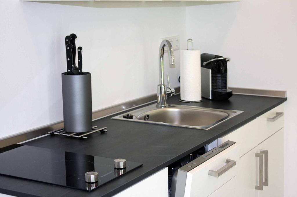 a kitchen with a sink and a counter top at Cube-House Ferienhaus in Franken in Volkach