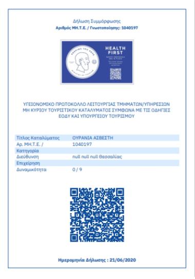 Certifikát, hodnocení, plakát nebo jiný dokument vystavený v ubytování Pansion Giorgos & Rania