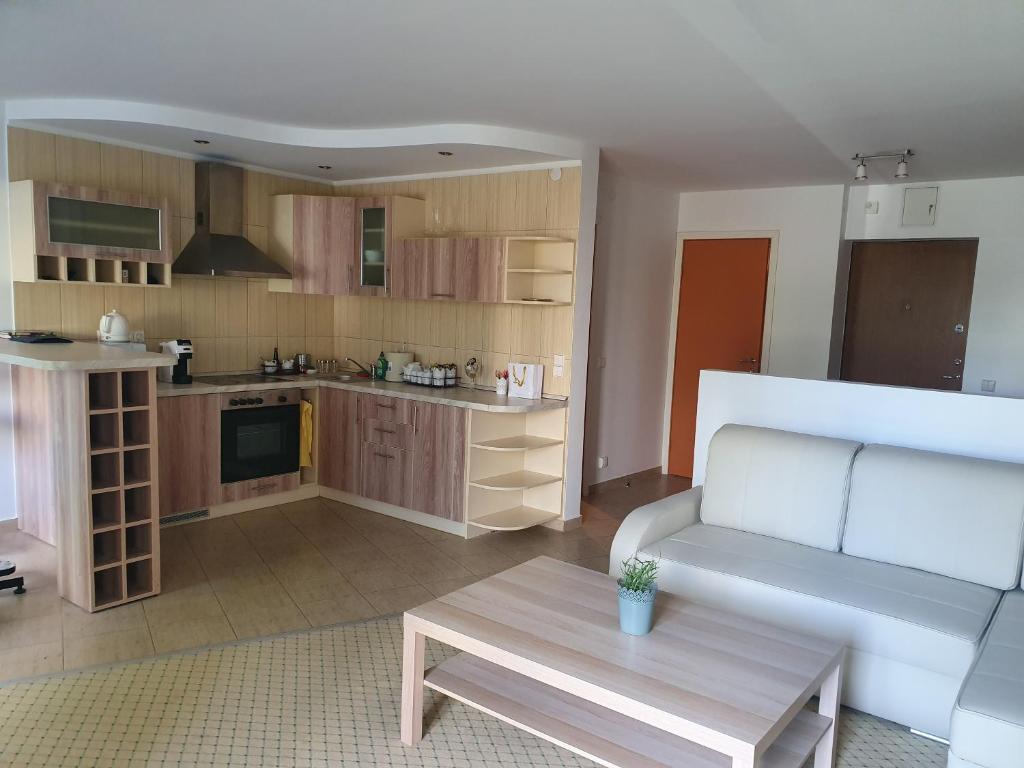 een woonkamer met een bank en een tafel bij Adventure apartamentai in Druskininkai