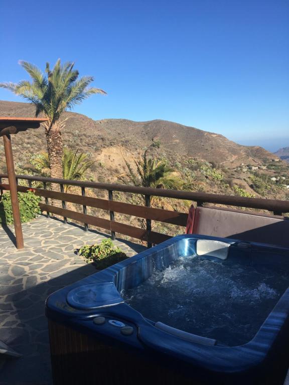 a hot tub on a patio with a palm tree at Country House Lomito De Taidia in Risco Blanco