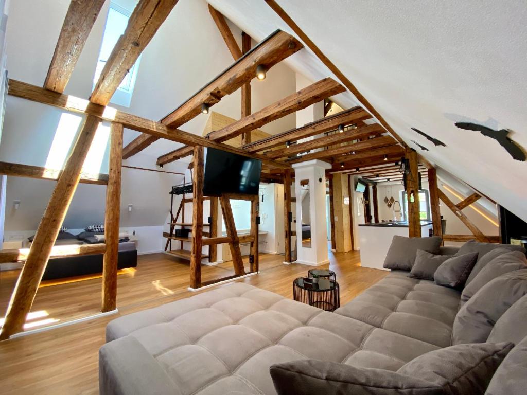 a living room with a couch and a tv at Altstadt Apartments in Kirchheim unter Teck