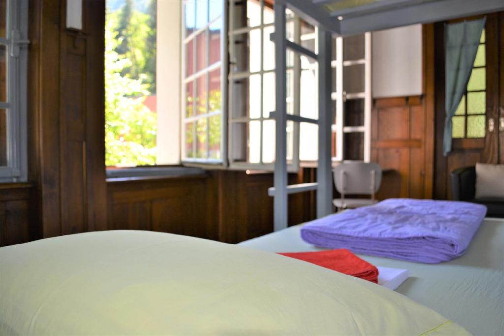 een slaapkamer met een bed en een raam bij Gotthard Backpacker in Wassen