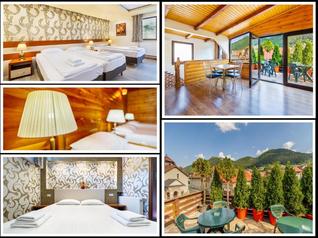 a collage of four pictures of a hotel room at Casa Ivett in Braşov