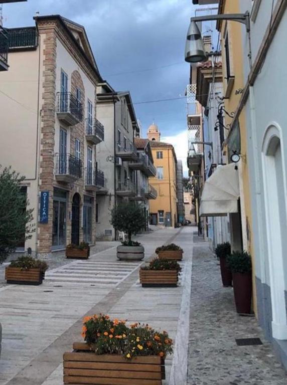 una calle de la ciudad con edificios y flores en ollas en Vacanze a Cupra Marittima en Cupra Marittima