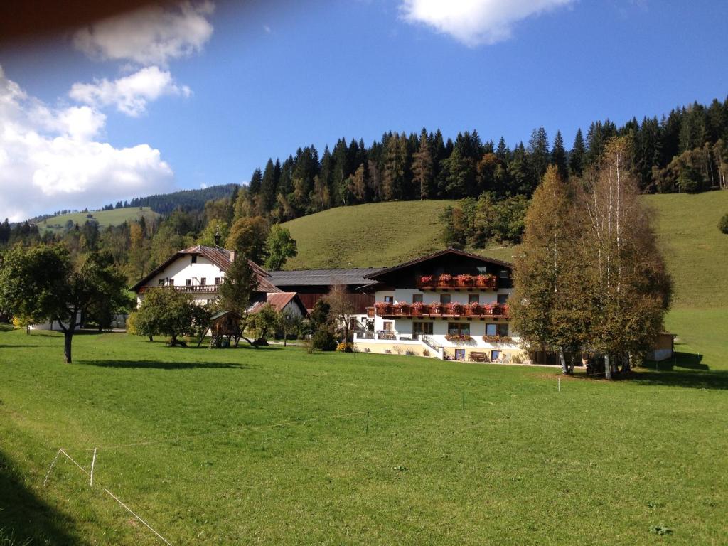 a building in the middle of a green field at Scharfetthof in Flachau