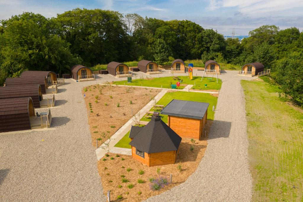 an aerial view of a play park with a playground at Weedingshall Lodges in Falkirk