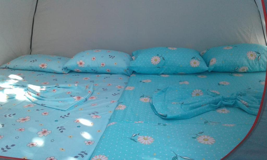 1 cama con sábanas azules y almohadas azules en Camping Jungle in Borsh, en Borsh