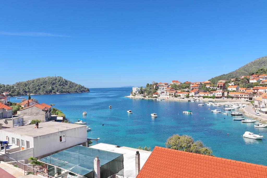 vistas a un puerto con barcos en el agua en Apartments Peselj, en Smokvica