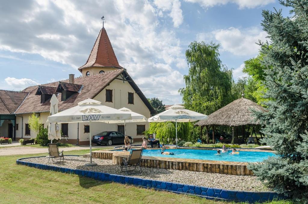 een zwembad met twee parasols en mensen in een tuin bij Country House Majkin Salas in Palić