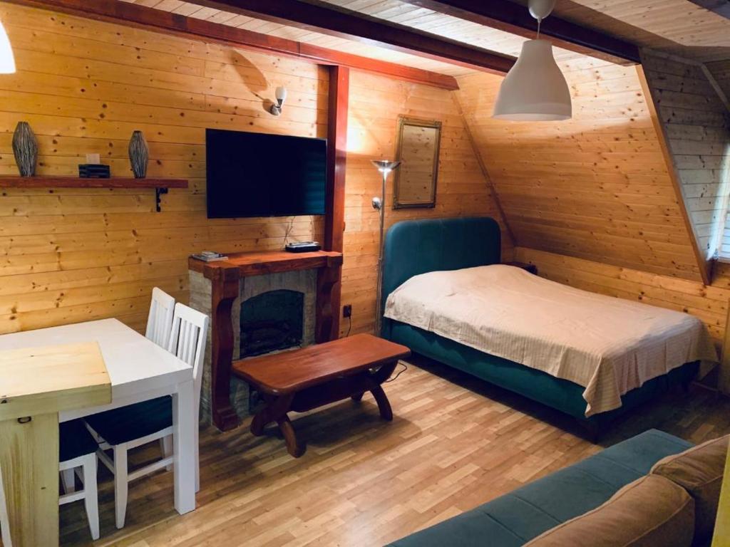 1 dormitorio con 1 cama, escritorio y TV en Konaci apartman Hani, en Kopaonik