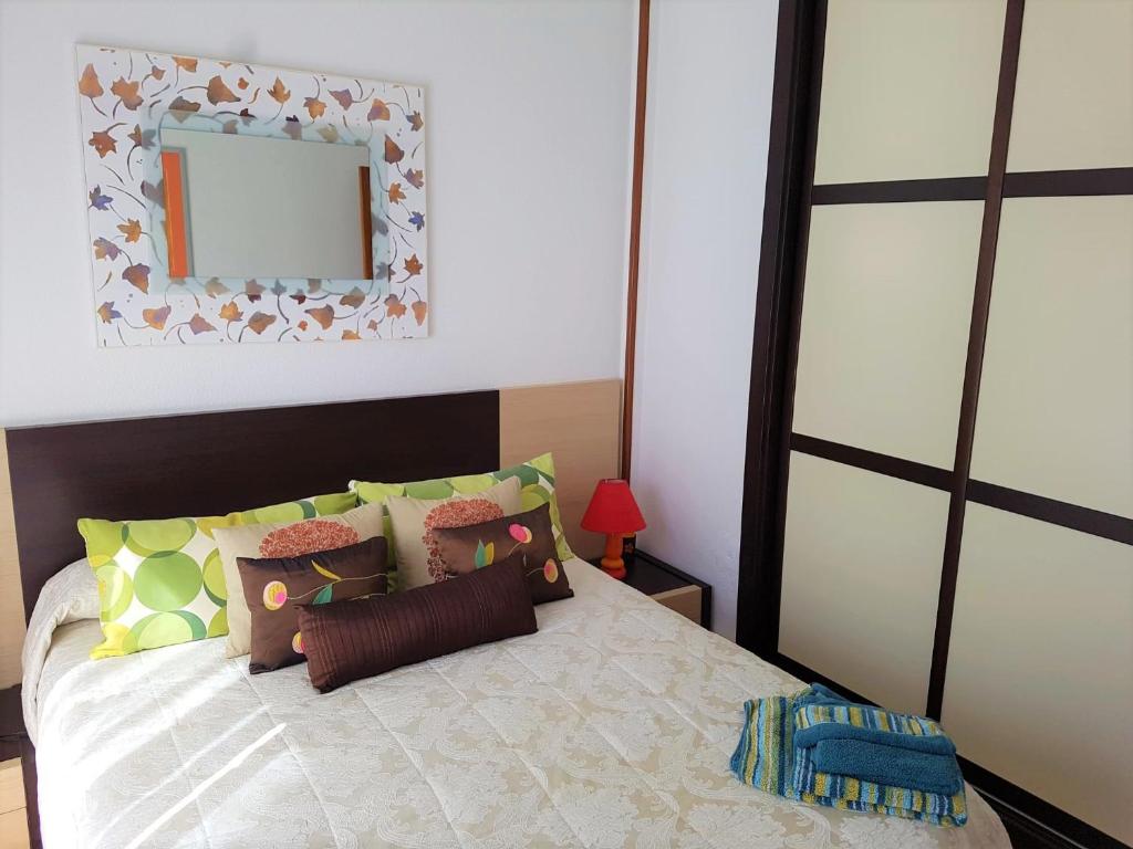 1 dormitorio con 1 cama con espejo en la pared en HABITACIONES CON WC PROPIO, COCINA COMPARTIDA Sopela LBI217, en Sopelana