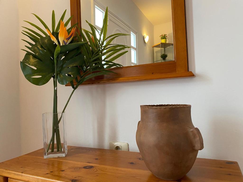 um vaso sentado numa mesa de madeira com um espelho em Casa Mariet em La Hidalga