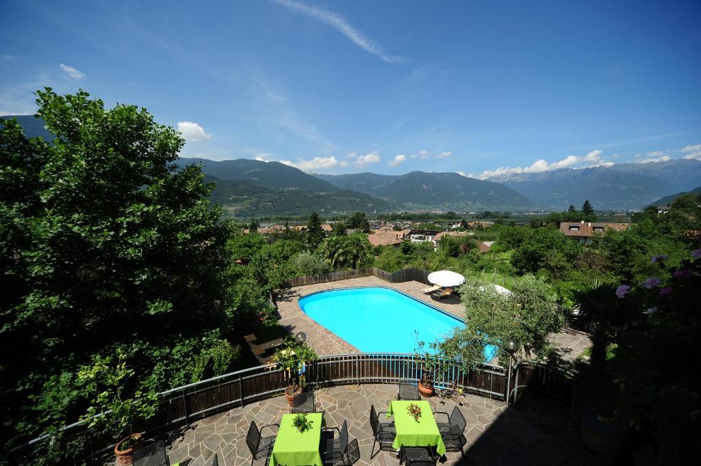 a view of a swimming pool with mountains in the background at Pension Sonnheim in Gargazzone