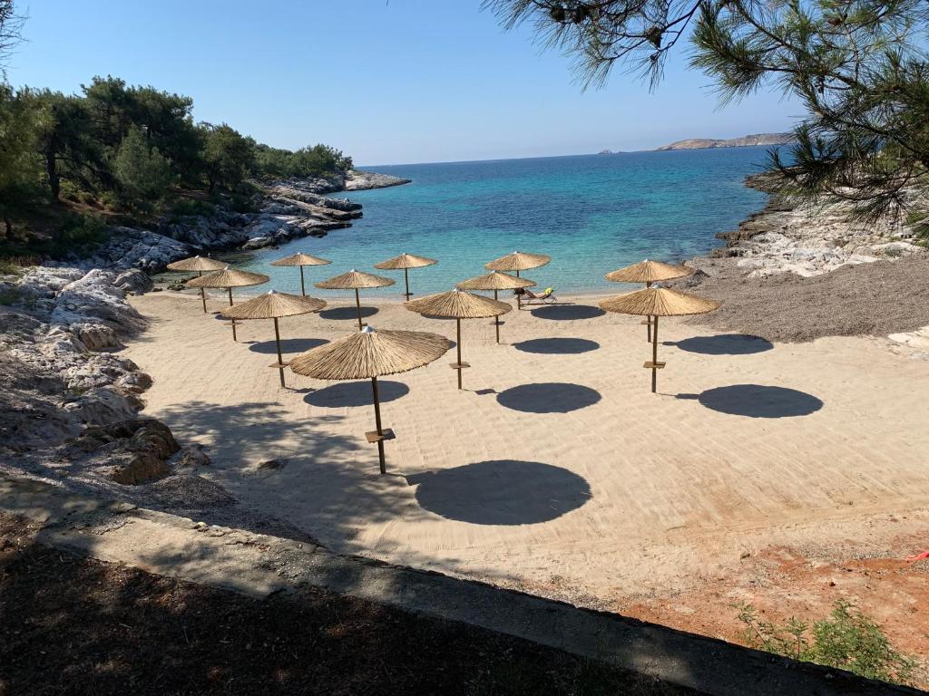 un grupo de sombrillas de paja en una playa en Beach Villa Isidora, en Potos