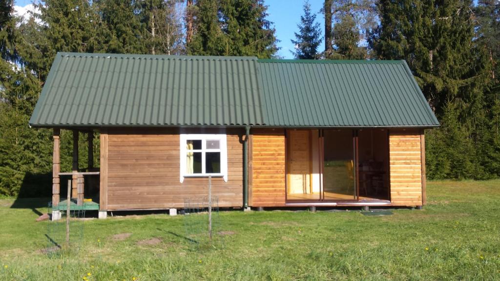 una pequeña casa con techo verde en un campo en Zemaite truoba en Milašaičiai