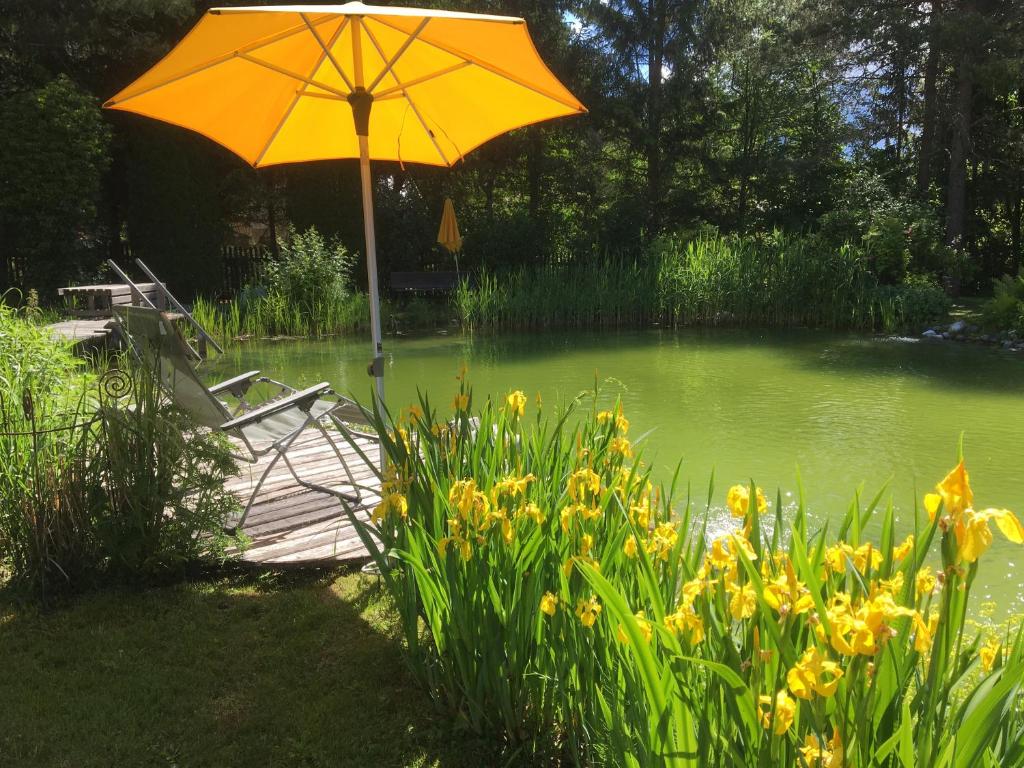 an umbrella and a chair on a dock in a pond at Apart-Elisabeth in Mieming