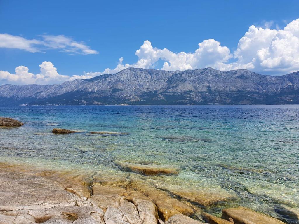 uma grande massa de água com montanhas ao fundo em Marija Holiday Home em Sućuraj