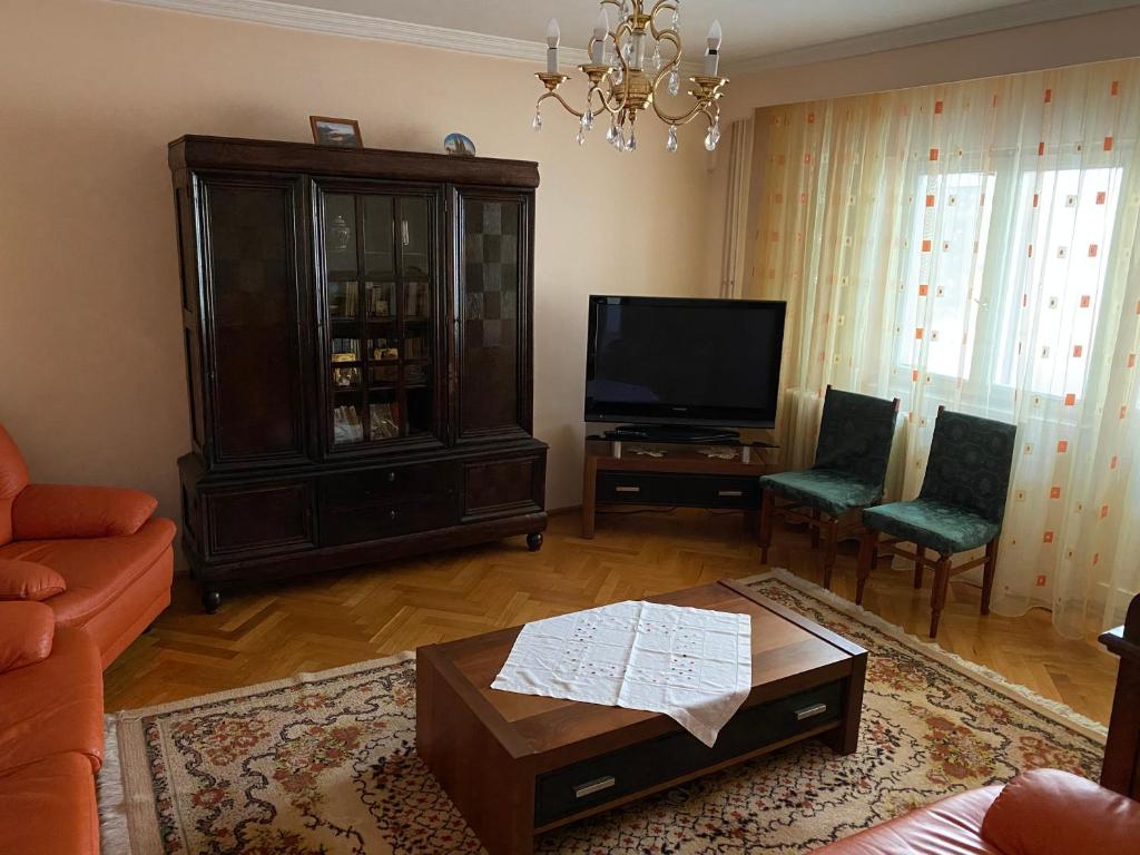 sala de estar con TV, sofá y mesa en Apartament Aqua en Călimăneşti