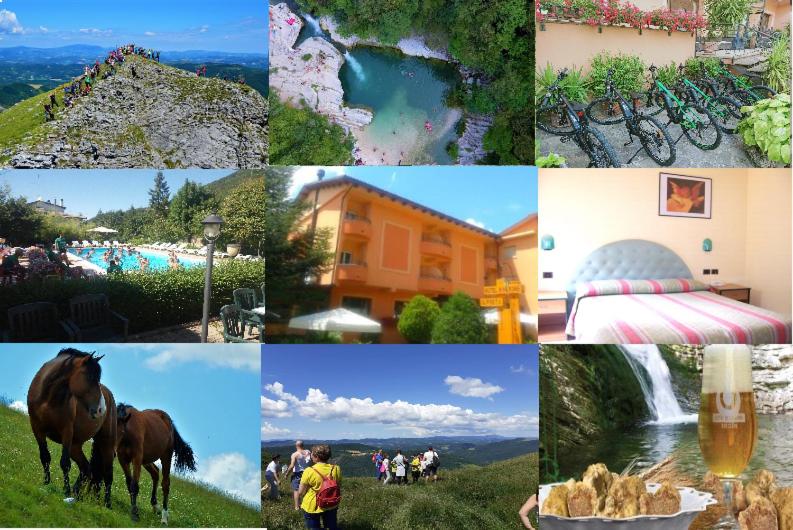 a collage of photos with people and horses and buildings at Hotel Ristorante Montenerone in Apecchio