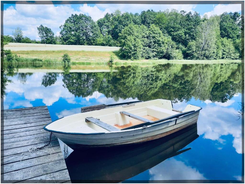 a boat sitting on the water next to a dock at Borowe Chatki nad Lubiszewem in Lipusz