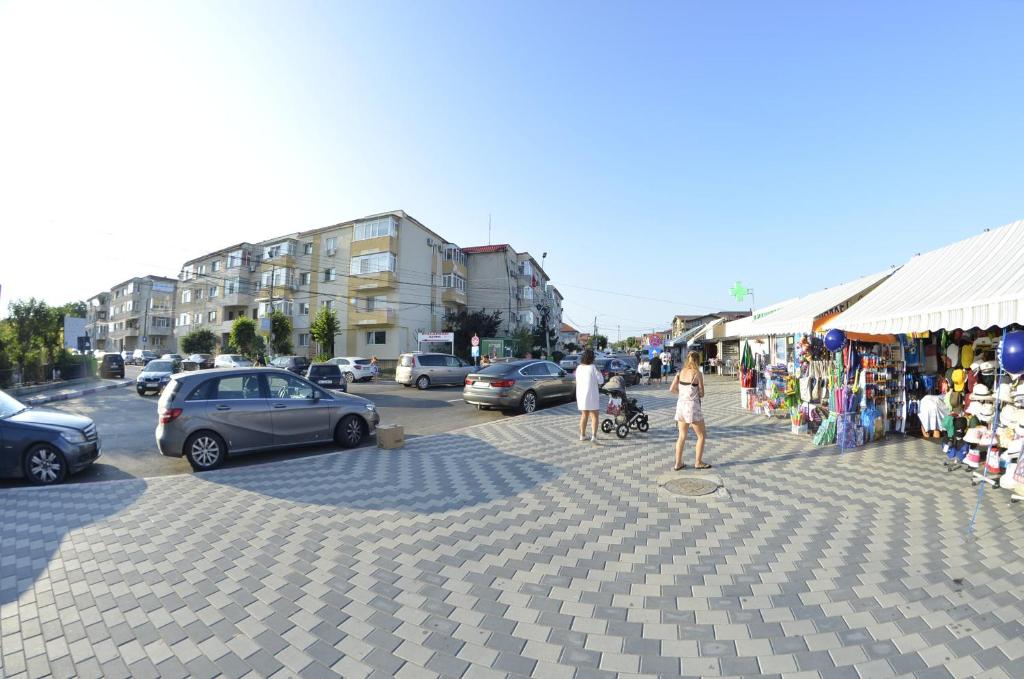 科斯蒂內甚蒂的住宿－APARTAMENT RAZVAN HOLIDAY COSTINESTI，一群人站在一条有市场的街道上