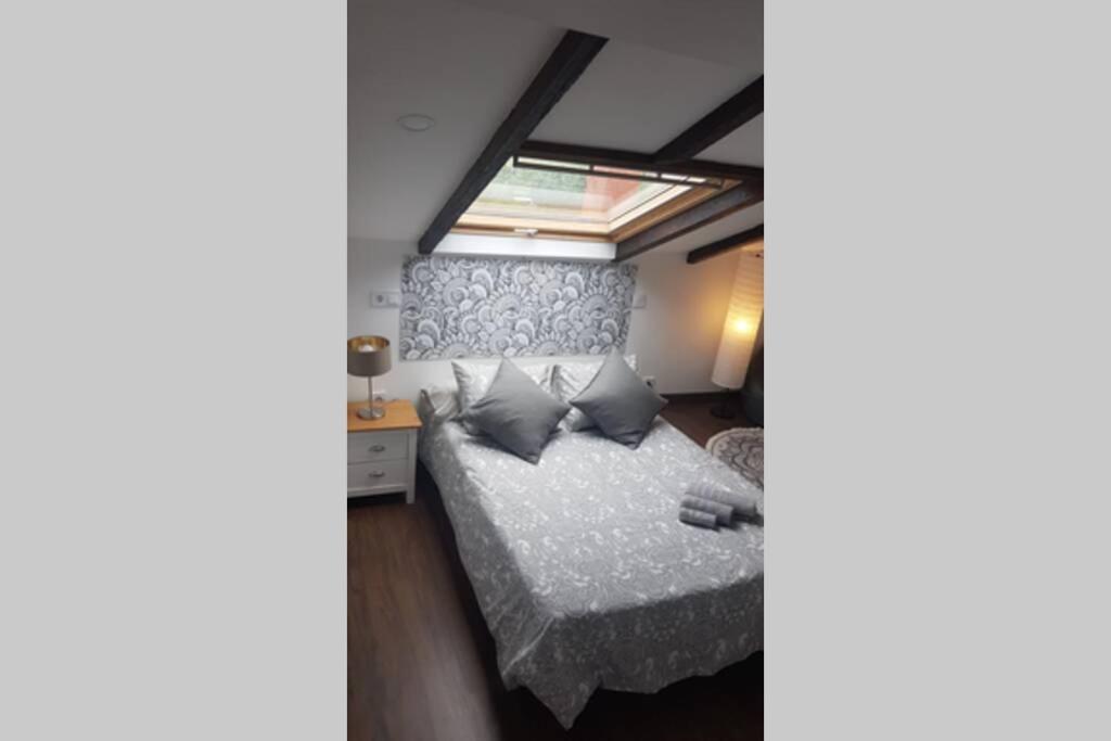 1 dormitorio con 1 cama y tragaluz en Aptos Cama del Rey ideal parejas, en Santander