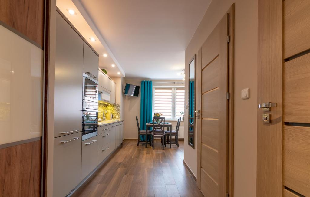 a hallway with a kitchen and a dining room at Apartament Amelia in Ustrzyki Dolne