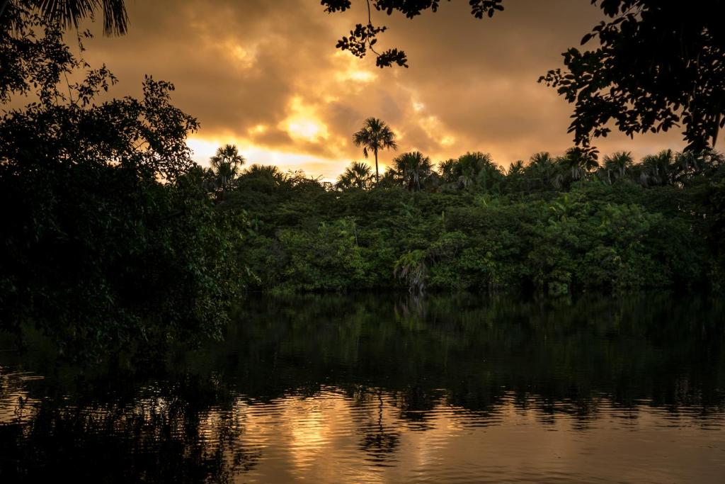 a sunset over a body of water with trees at Casa Vilar Rio Temporada Barreirinhas Lencois Maranhenses in Barreirinhas