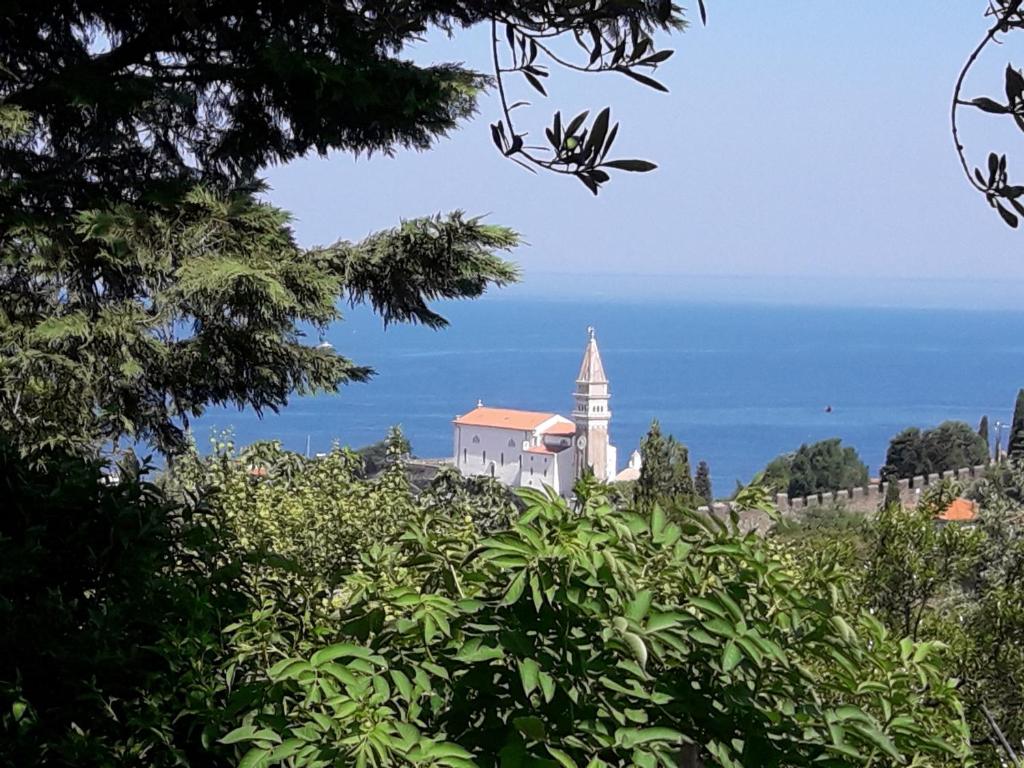 ein Gebäude auf einem Hügel mit dem Ozean im Hintergrund in der Unterkunft bellavista appartment in Piran