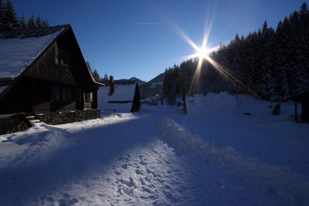Chata Žiar في Rajecká Lesná: منزل في الثلج مع الشمس خلفه