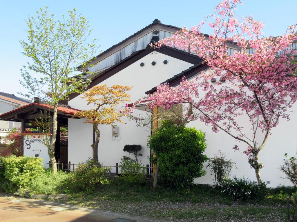 富山市にあるShirokuma Innの目の前に木々が植えられた白い家