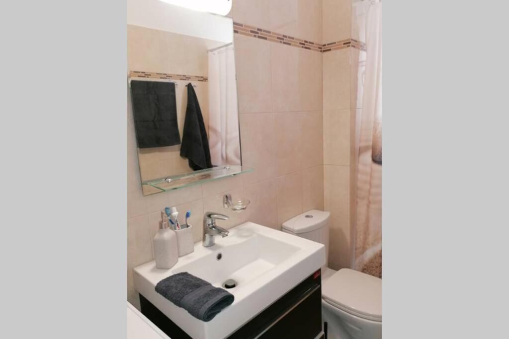 a bathroom with a sink and a toilet and a mirror at RIZES ELIAS HOUSE in Isterni