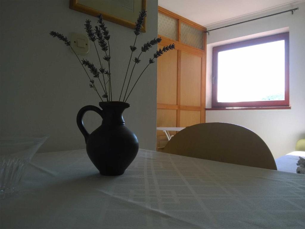 um vaso preto sobre uma mesa com flores em North Adriatic View Apartment em Rabac