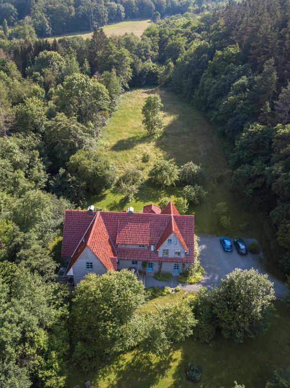 an aerial view of a house with red roof at Forsthaus Goldberg in Bad Harzburg