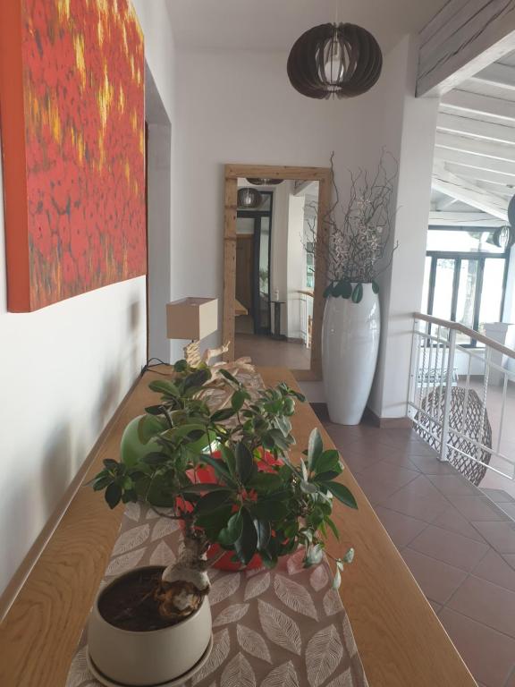 a dining room table with a plant on top of it at Hotel La Favorita in Peschiera del Garda
