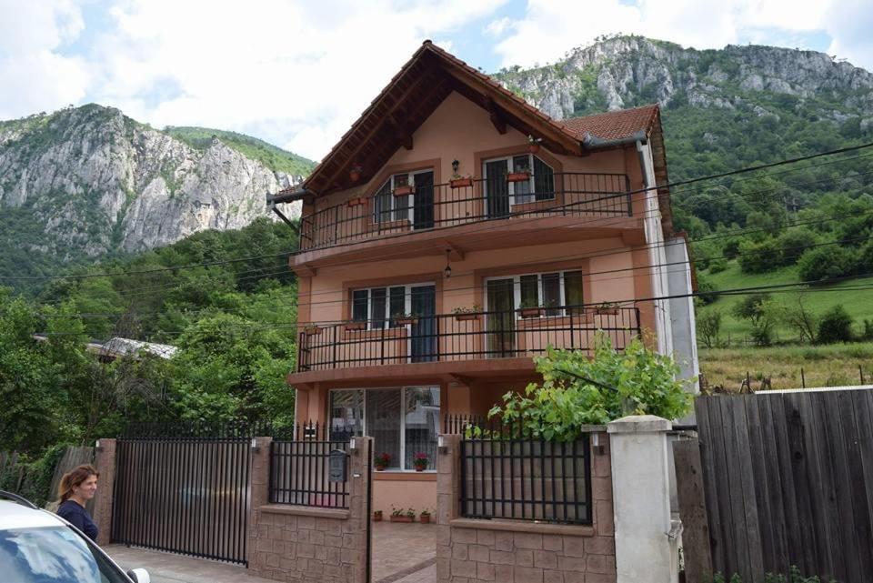 Eine Frau steht vor einem Haus mit einem Zaun. in der Unterkunft Casa Visescu in Băile Herculane