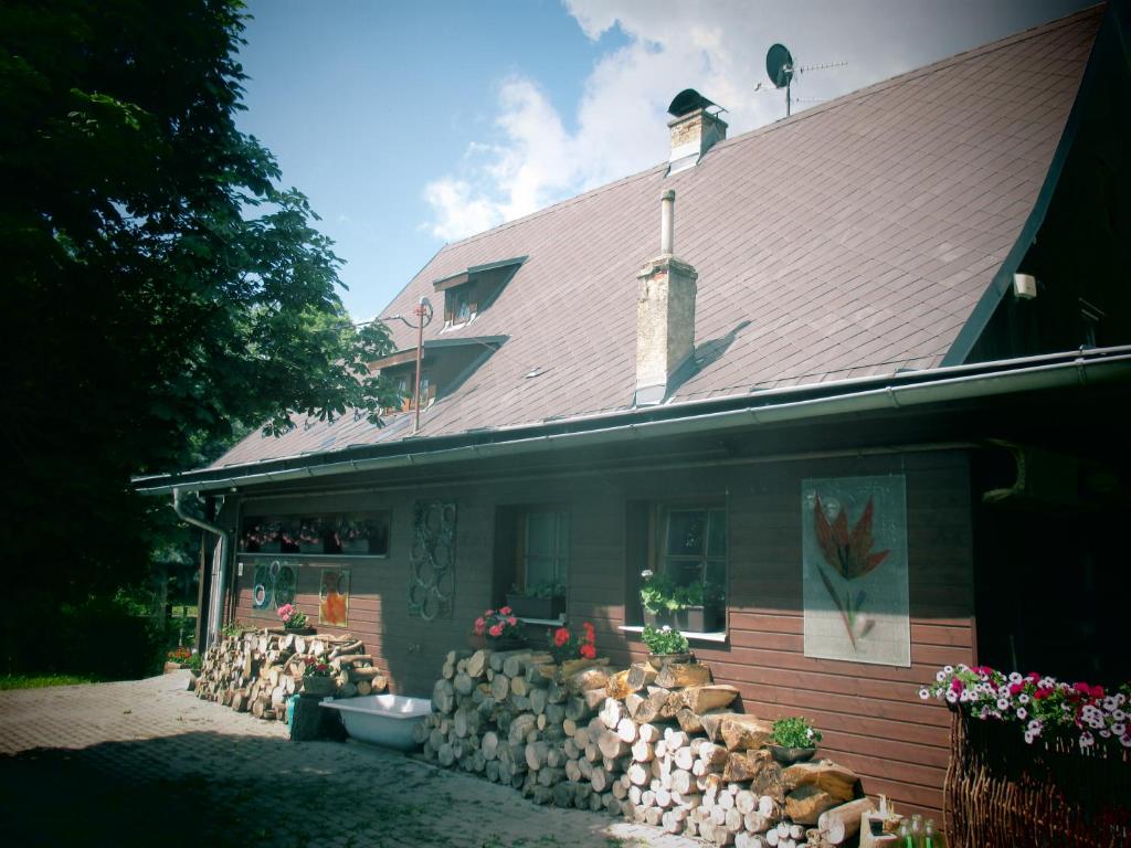 a house with a pile of logs next to it at Chalupa u Matúšů Jeseníky in Dolní Moravice