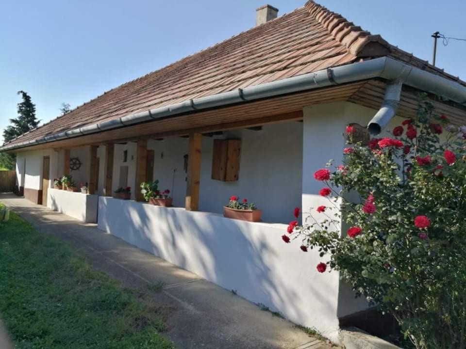 una casa con fiori rossi su un lato di Panoráma Vendégház a Golop