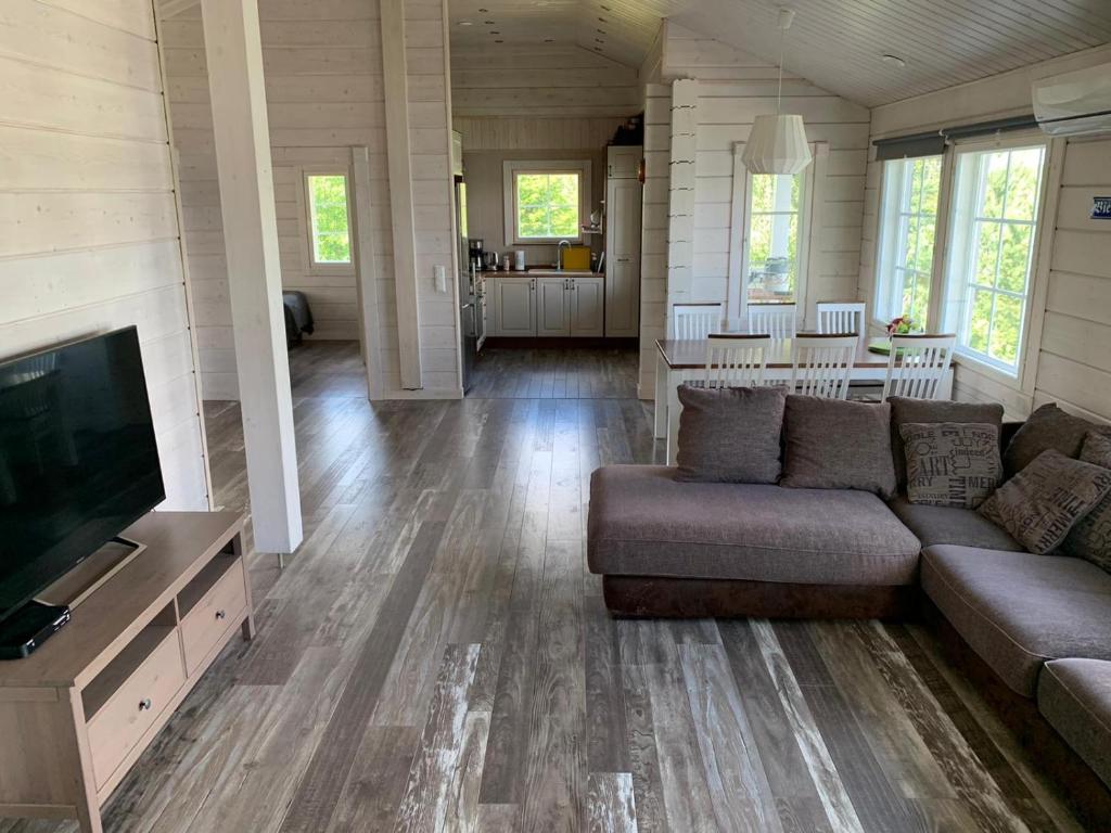 a living room with a couch and a flat screen tv at VITA Ruokolahti 3 in Ruokolahti