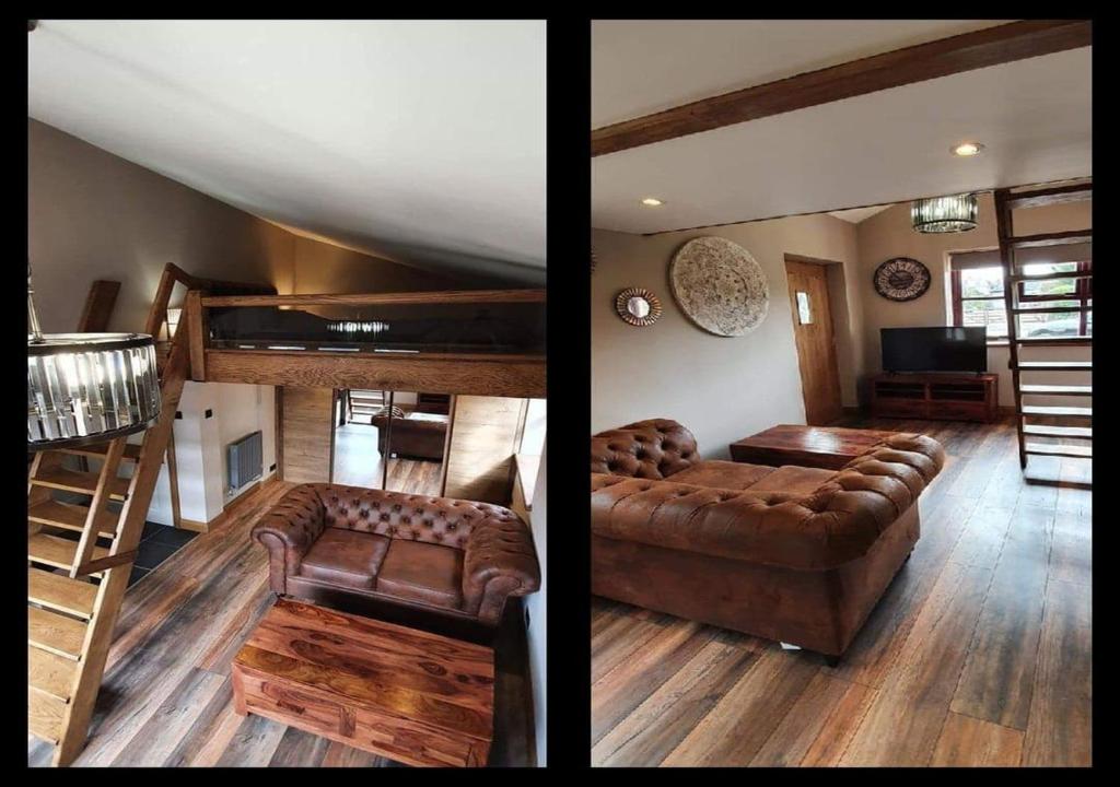 two pictures of a living room with a couch and a loft at Longland Guest House in Hereford